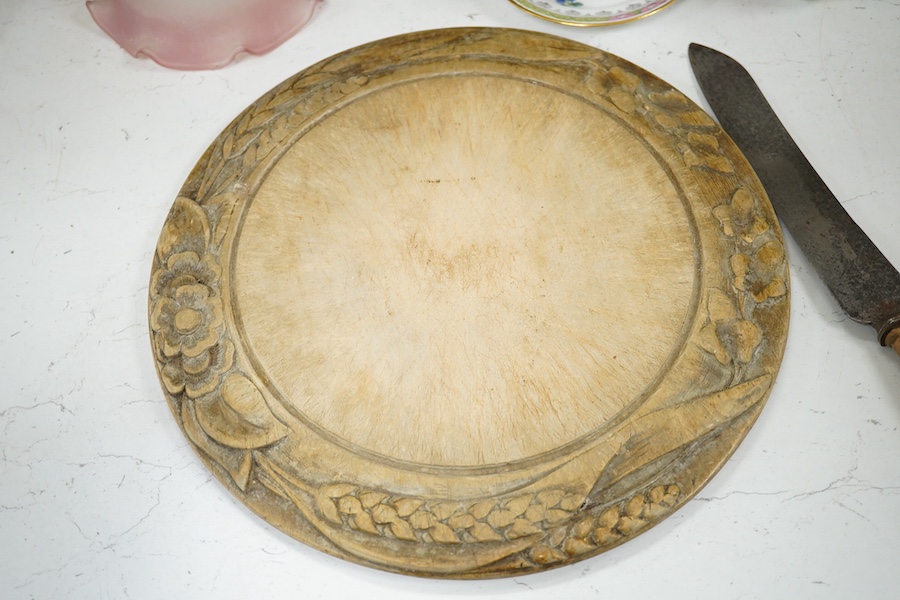 A Bristol blue glass dump, a wheatsheaf carved bread board and bread knife, three ornate glass shades and a Copeland Spode china tea set, bread board 30.5 cm diameter. Condition - dump, tea set good, shades chipped and b